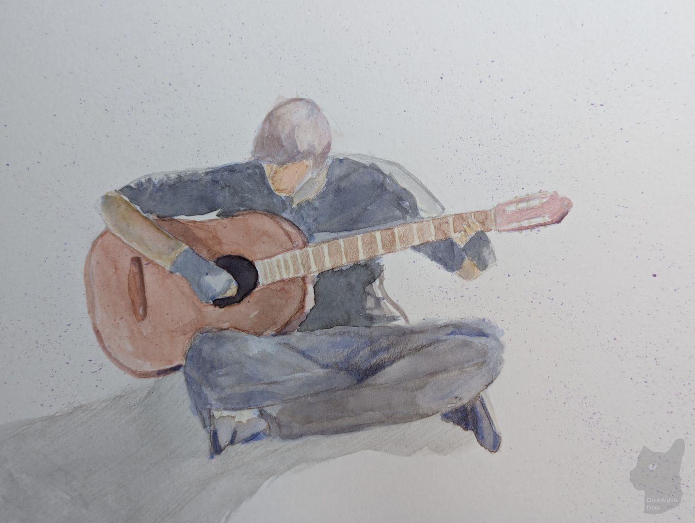 Watercolour painting of a busker sitting cross-legged with a guitar