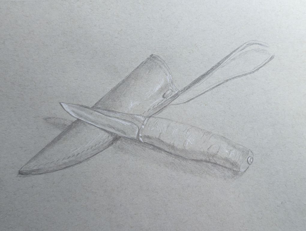 Pencil sketch of a utility knife resting against its leather sheath