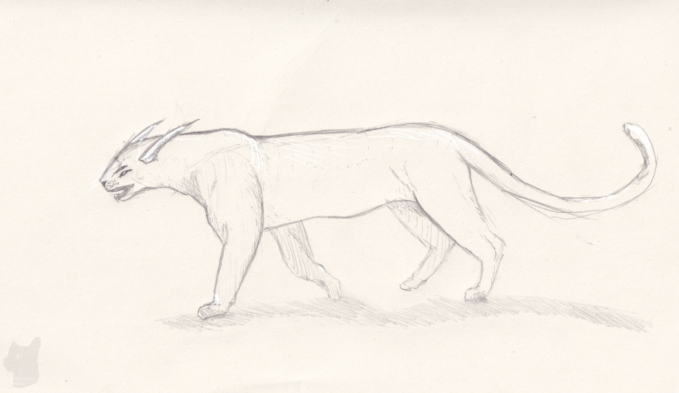 Side-on sketch of a demonic big cat with two sets of eyes and horns