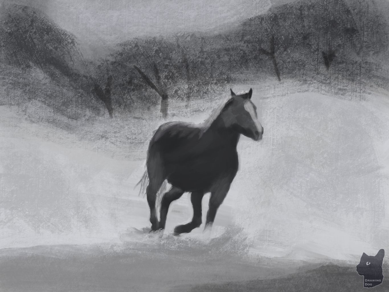 Digital greyscale painting of a horse in motion with trees in the background