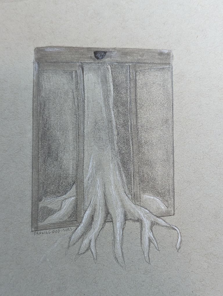 Drawing of an automated sliding door, being forced open by a tree whose roots are creeping in & through the door