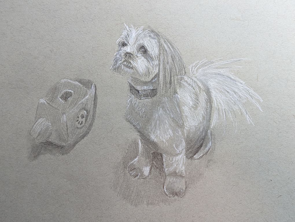 Pencil sketch of a dog sitting down next to a plush dreidel toy
