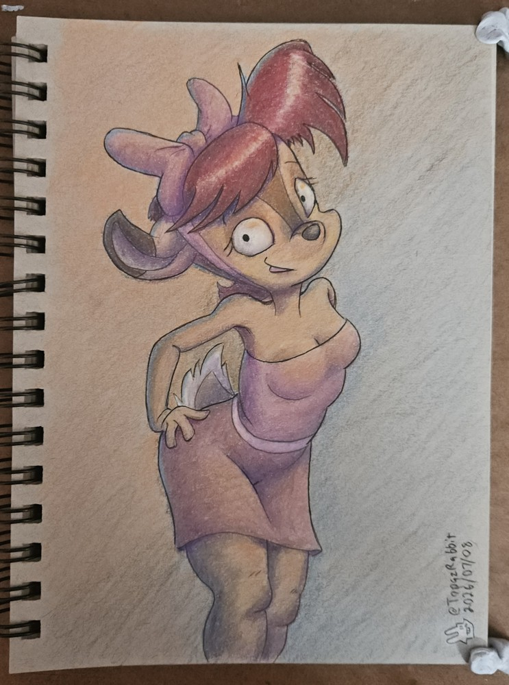 Photo of a sketchpad with a colored pencil and ink drawing of a female anthropomorphic deer in a pencil dress, hand on hip leaning forward with a smile.