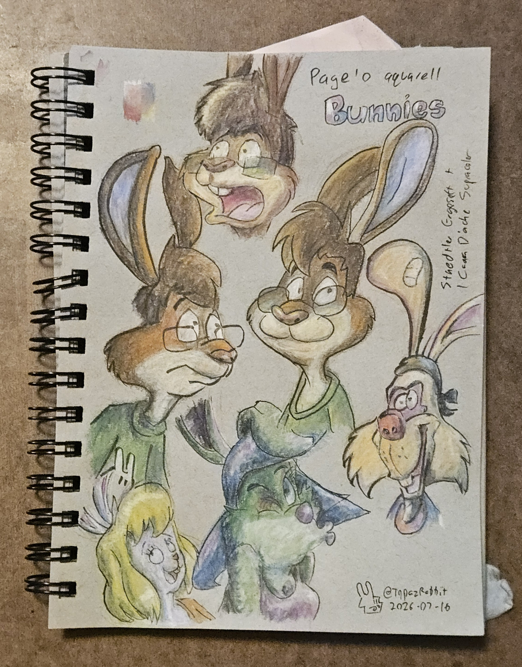 Drawings of several rabbits done in watercolor pencils and inks: Topaz, Coney, Fall-Apart from Bonkers, and Carrot from One Piece.